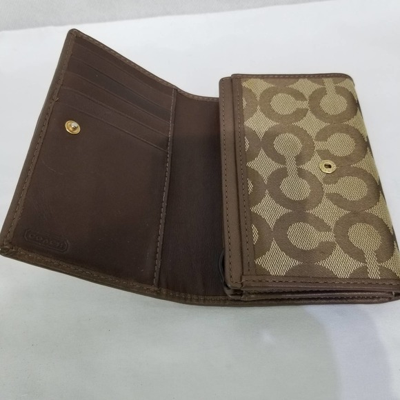 Coach Bifold Jacquard Fabric Wallet Logo CC Brown Tan Cinching - Picture 11 of 12